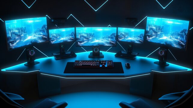 Futuristic gaming setup with multiple screens.
