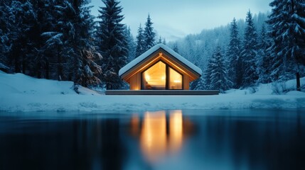 A stylish modern cabin sits elegantly in a snowy landscape, with warm lights glowing from within, capturing the essence of winter comfort and contemporary design.