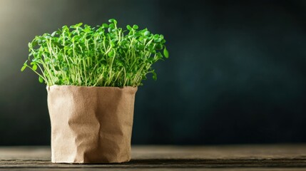 Fresh green seedlings in eco-friendly pot on wooden surface with dark background, showcasing nature's beauty in a simple and minimalistic style