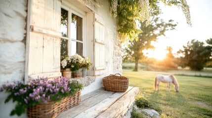 A quaint farmhouse with a horse grazing in golden evening light, surrounded by lush greenery, highlighting the beauty and charm of rural living at sunset.