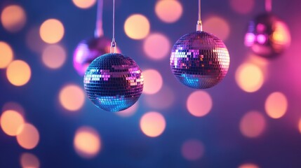 Obraz premium Glimmering Disco Balls with Colorful Bokeh Background Creating a Festive Atmosphere for Parties and Celebrations in Vibrant Light Play