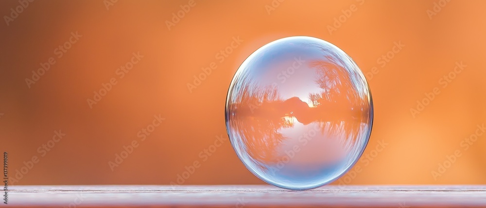 Poster close-up of a spherical object on a wooden surface. the object appears to be made of glass or a simi