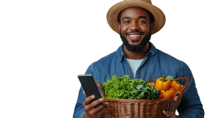 Farmer with Harvest: A smiling farmer, holding a basket overflowing with fresh vegetables and a phone, embodies the essence of rural life, farm-to-table freshness.