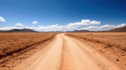 A scenic winding dirt road stretches through an arid landscape showcasing vast grasslands and distant mountains under a bright blue sky with fluffy white clouds.