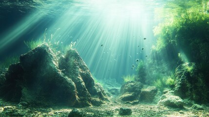 Obraz premium Sunbeams illuminate underwater rocks, aquatic plants, and fish