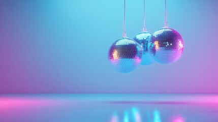 Three shiny disco balls hanging against a vibrant gradient background, showcasing reflections of colorful lights for a lively atmosphere or festive event