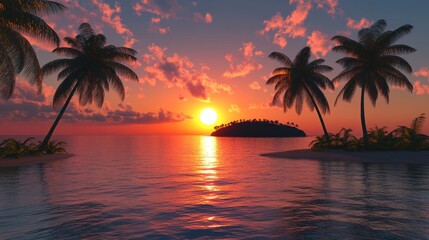 Tropical island paradise at sunset showcasing palm trees and ocean reflections