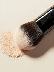 Close-up of a makeup brush with a black handle and white bristles. the brush is lying on a beige surface and there is a small amount of powder scattered around it.