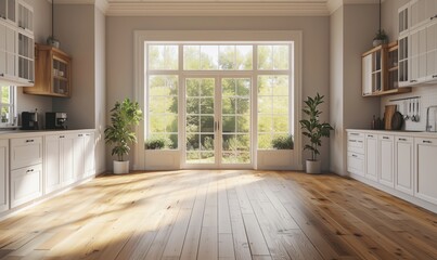 Fototapeta premium Spacious modern kitchen with large windows and natural light overlooking garden