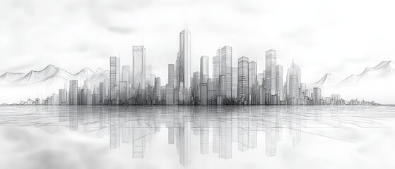 Fototapeta premium Stunning one line art of a city skyline with skyscrapers and a distant mountain backdrop, artistic flow, modern minimal style, monochrome aesthetic