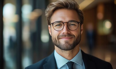 Fototapeta premium Confident businessman with glasses smiling in modern office environment