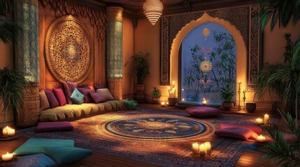 Obraz premium A traditional Indian dance studio with intricate woodwork, classical decorations, and soft candlelight.
