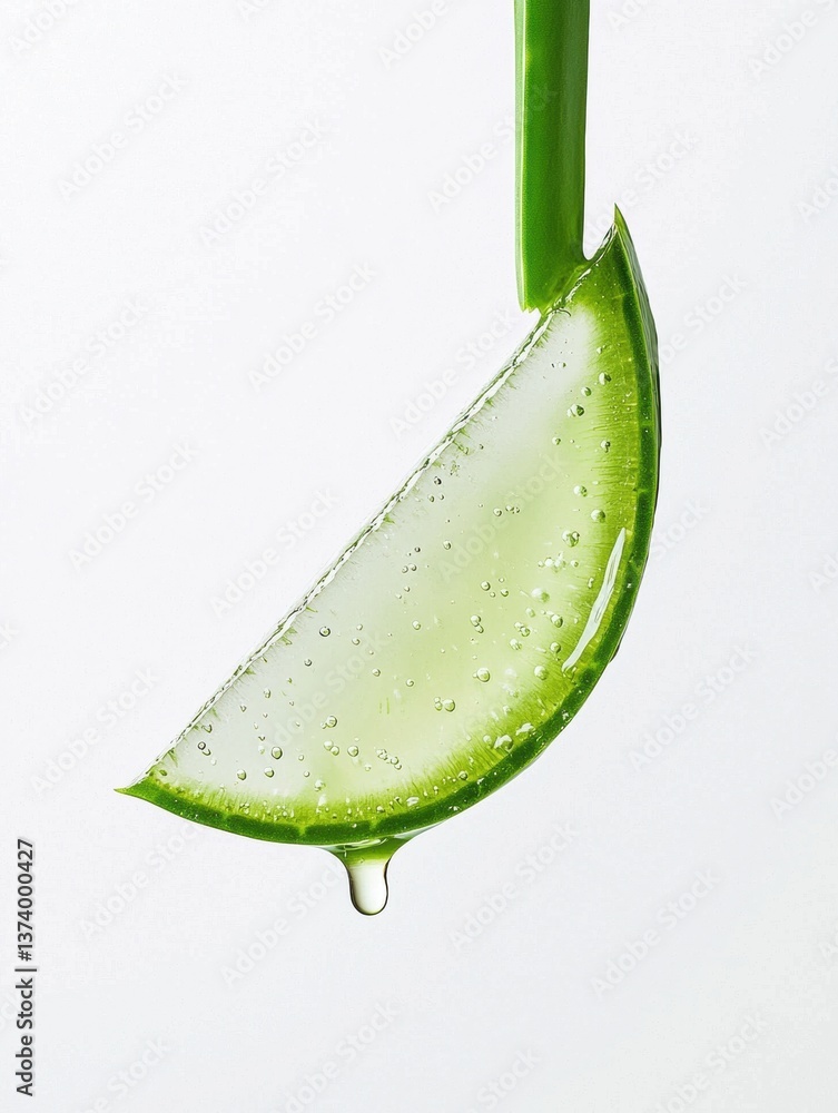 Poster close-up of a slice of aloe vera plant with water droplets on it. the leaf is green in color and has