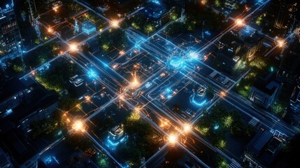 Fototapeta premium Night city aerial glowing network map, futuristic tech