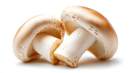 A pair of fresh button mushrooms, with bright white and soft brown caps, are ready for use, symbolizing health and delicious culinary possibilities for food lovers.
