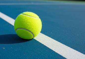 Tennis Ball on Court: A vibrant yellow tennis ball resting on a blue court. This image captures the essence of sport, leisure, and competition.
