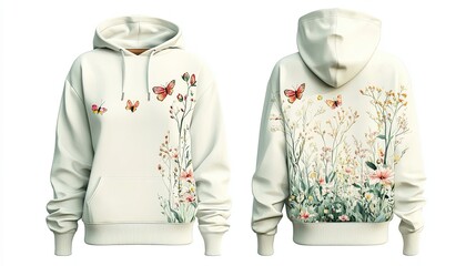 Soft mint female hoodie, front and back view, spring theme, front has a small flower bud graphic, back features a blooming garden with butterflies, white background, isolated, fresh