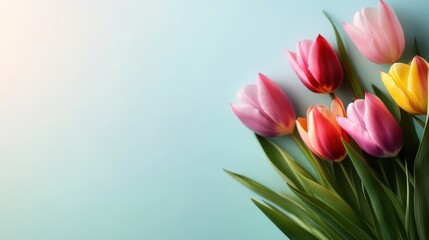 Fototapeta premium A beautiful arrangement of tulips in various shades, elegantly showcased against a soft background, conveying a sense of romance, serenity, and the beauty of floral artistry.