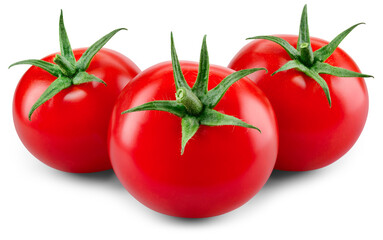 Tomato isolated png. Three tomatoes with transparent shadow on white or transparent background. Perfect retouched png tomato no background. Full depth of field.