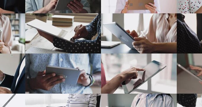 Close up cropped multiple collage view different people hold tablets, working from home office, do freelance job, use new application for business or fun. Everyday usage of internet and modern device