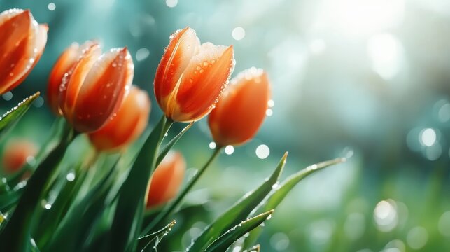 Vibrant tulips adorned with droplets of dew capture the essence of spring, radiating beauty, freshness, and the renewing spirit of nature in a dreamy garden setting.