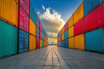 Fototapeta premium Colorful Shipping Containers Stacked at a Busy Port Under a Vibrant Sky in the Afternoon