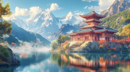 Fototapeta premium Autumn Pagoda Lake, Mountain Serenity, Peaceful Reflection, Travel Poster