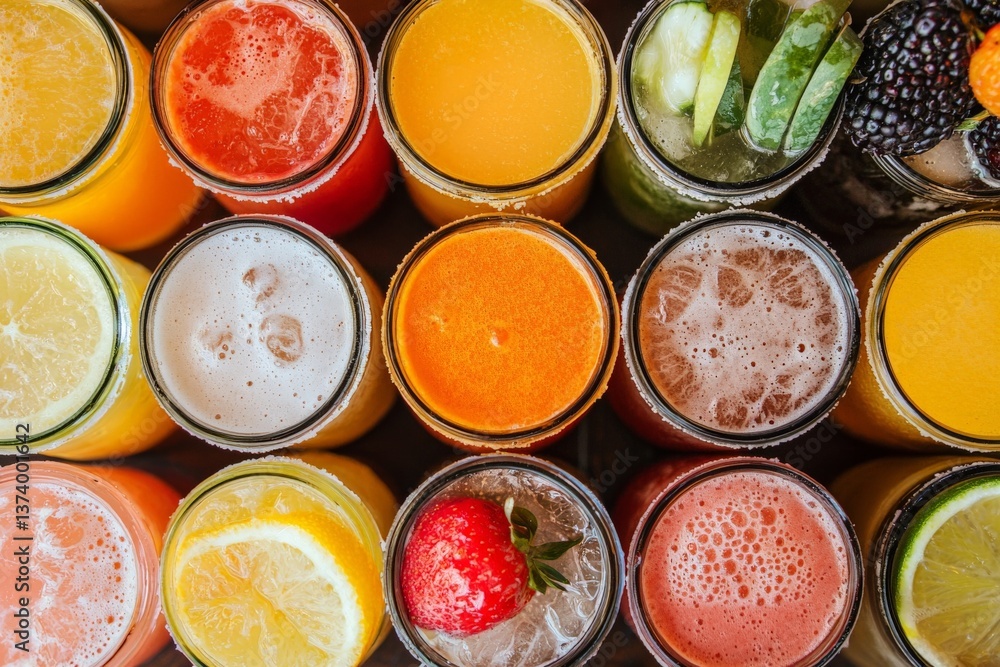 Poster assorted fresh pressed fruit juices served in transparent plastic bottles arranged in circle pattern