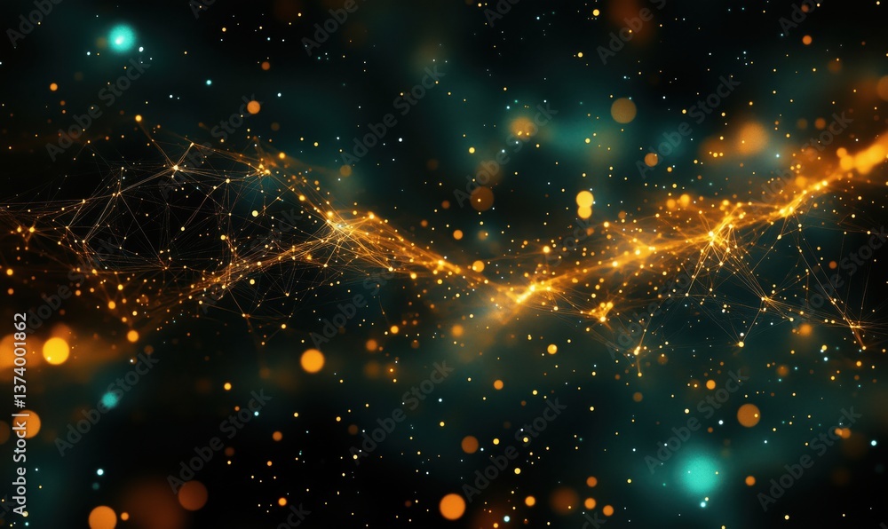 Poster abstract cosmic background with glowing particles and interconnected lines in dark space