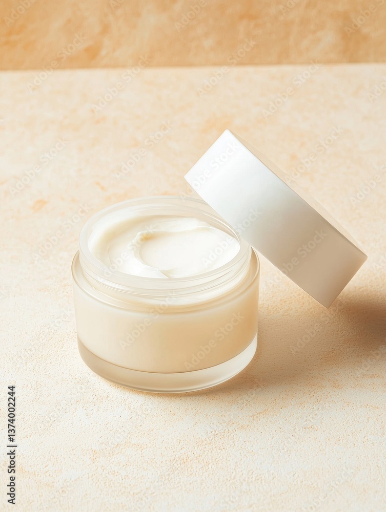 Poster small jar of cream with a white lid. the jar is round and has a smooth texture. the lid is open, rev