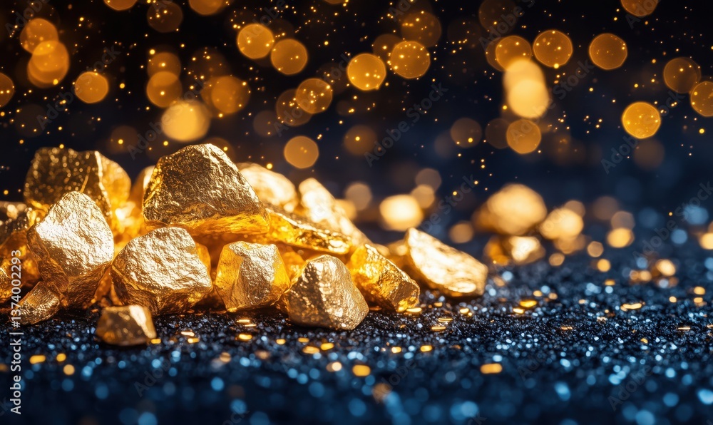 Poster shimmering gold nuggets on dark background with sparkling bokeh effect