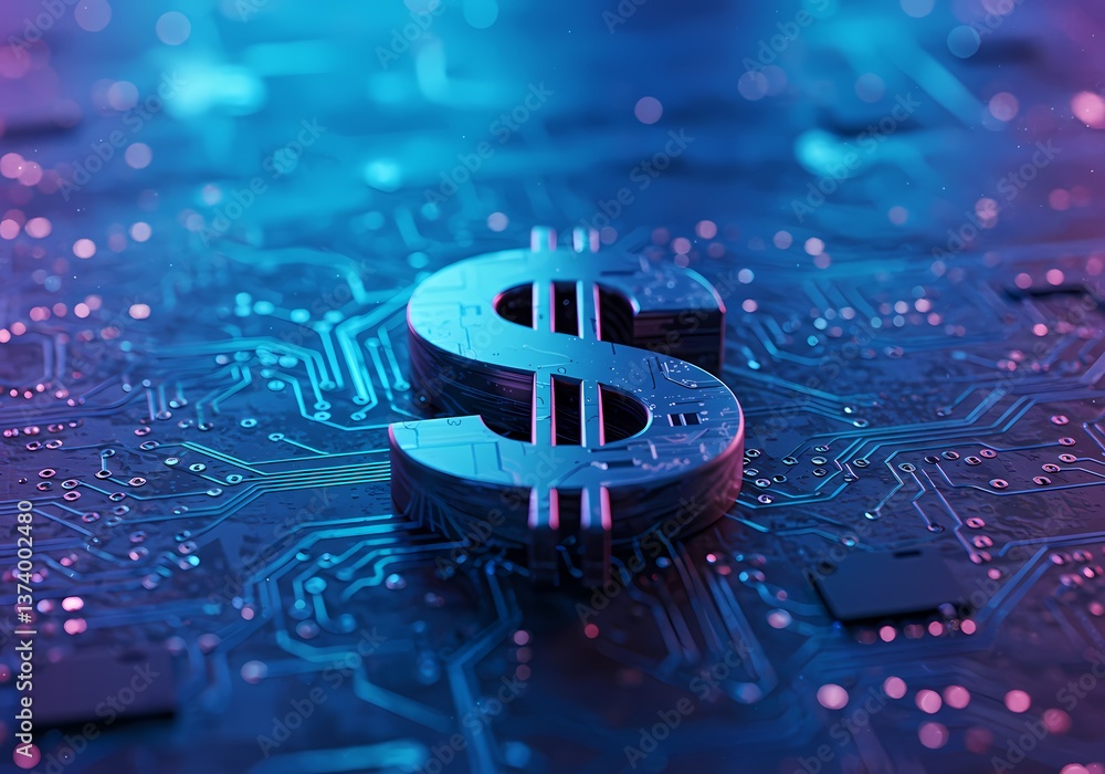 Poster digital dollar currency symbol on circuit board for fintech and blockchain technology concept design