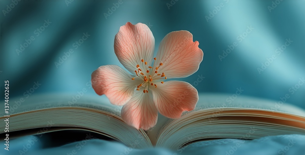 Aufkleber flower resting on an open book surrounded by delicate blooms and soft lighting in a tranquil setting