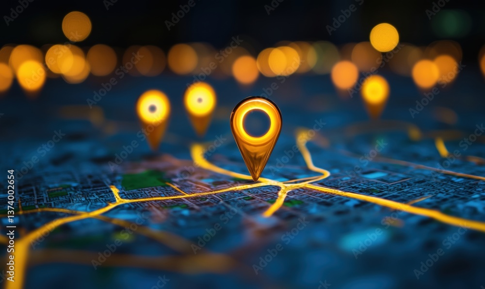 Poster 3d map with glowing location pins and illuminated streets for navigation