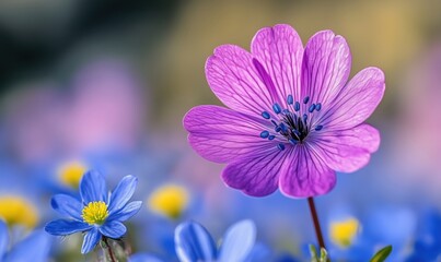 Fototapeta premium Vibrant purple flower with delicate blue blossoms in soft focus background