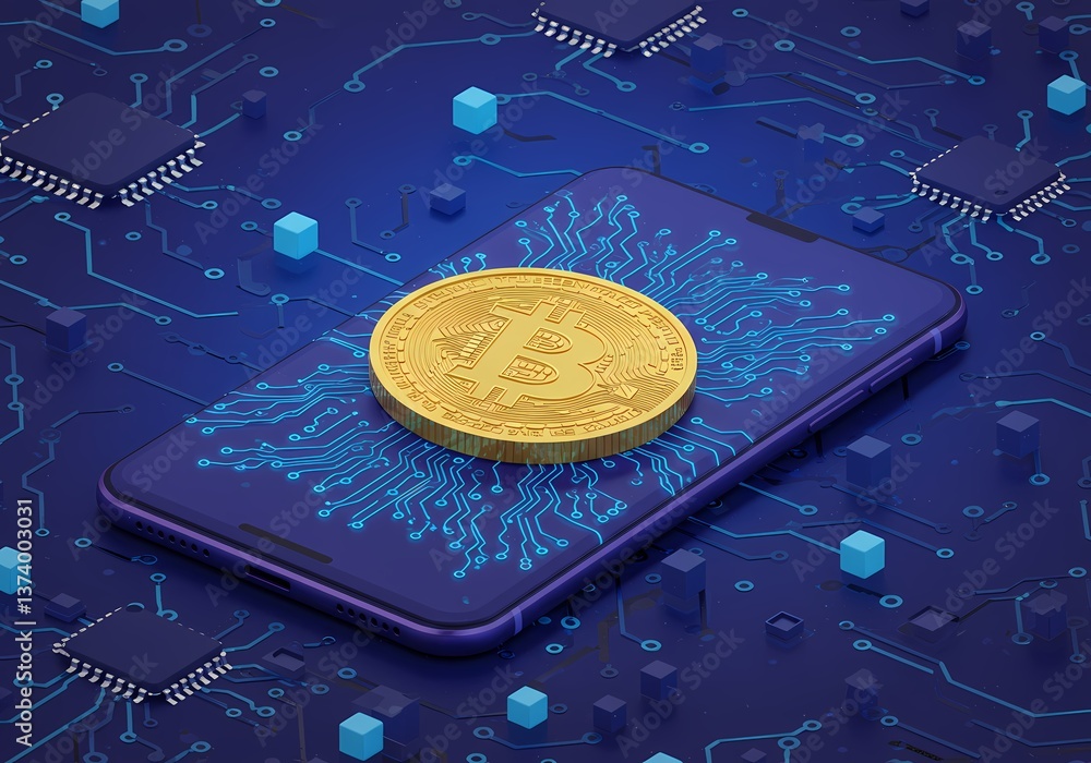 Poster bitcoin cryptocurrency digital currency on mobile phone blockchain technology and microchips concept