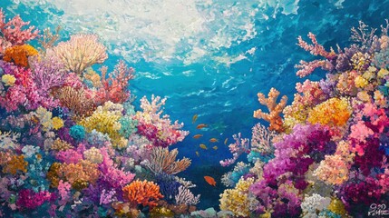 Naklejka premium Vibrant coral reef, underwater scene, ocean, sunlight, fish, artwork, nature, print, poster