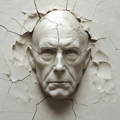 Striking sculpture of an elderly man's head breaking through a cracked wall surface, creating an impactful and thought-provoking visual concept