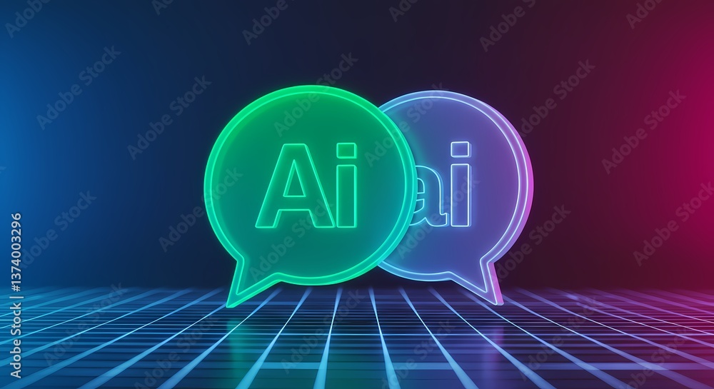 Poster ai chatbot technology concept with neon speech bubbles on digital grid background for modern communi
