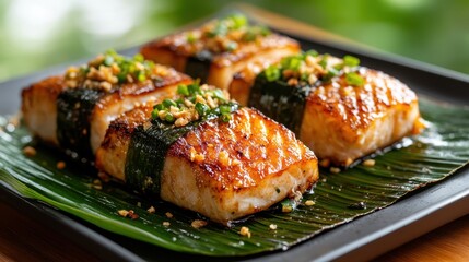 An exquisite serving of chargrilled fish, delicately wrapped in nori and garnished with chopped nuts, showcasing an enticing presentation and rich flavors.