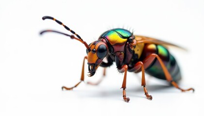 Close-up of colorful insect on stark white background, photography, nature, minimal