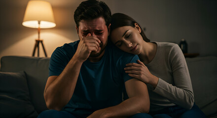 Fototapeta premium Woman comforting crying husband at home.