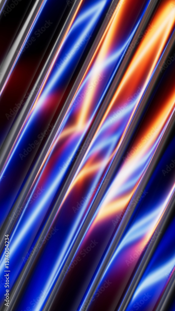 Poster ribbed glass effect. 3d rendering of a vibrant abstract background featuring diagonal tubes in neon 