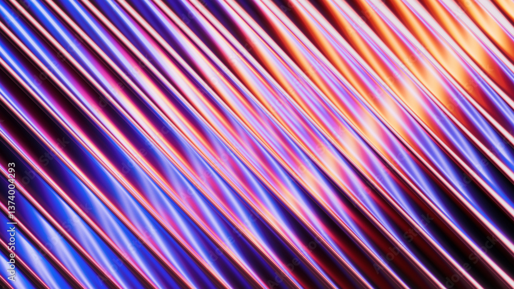 Poster reeded glass effect. 3d rendering of a vibrant abstract background featuring diagonal tubes in neon 