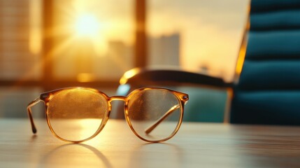 A pair of elegant eyeglasses resting on a wooden surface, beautifully backlit by a warm sunset, creating an artistic and serene atmosphere in a stylish setting.