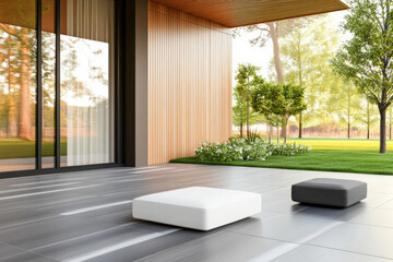 Fototapeta premium Modern outdoor seating area with minimalist design in a serene garden setting