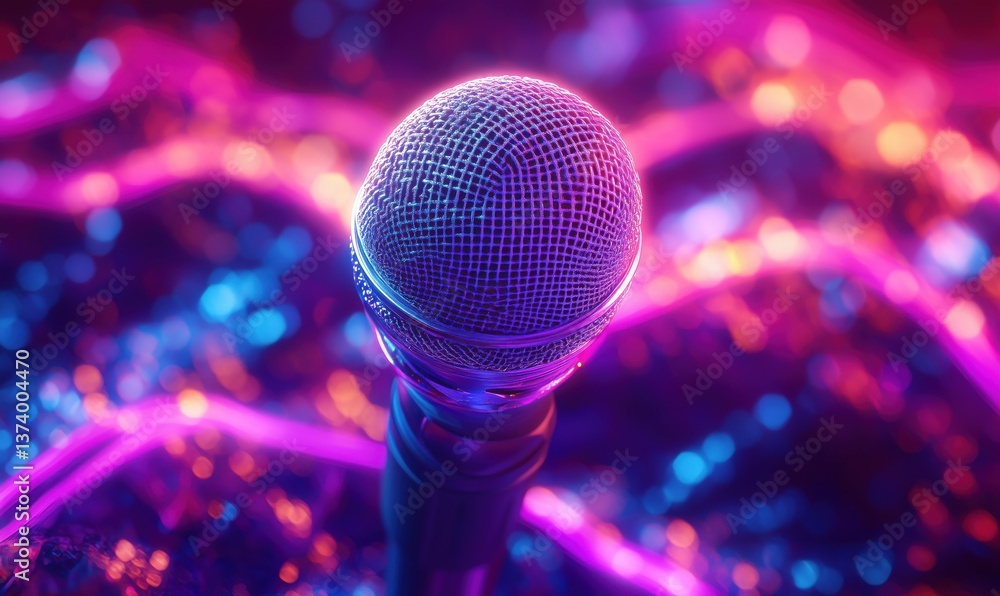 Poster microphone with vibrant neon lights creating a dynamic and colorful background