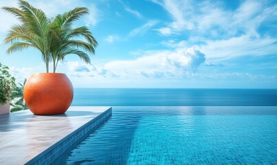 Obraz premium Stunning infinity pool with ocean view and palm tree in decorative pot