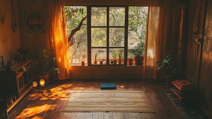 A warm yoga space filled with potted plants, natural textures, and a bohemian vibe.