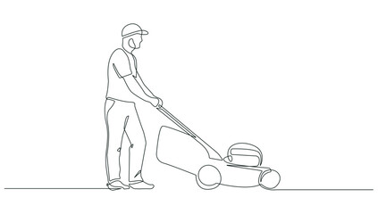Man Lawn Mower Continuous Line Art Drawing Style. Active Lifestyle One Line Art Vector Illustration. Man with Lawn Mower Black Linear Sketch Isolated on White Background